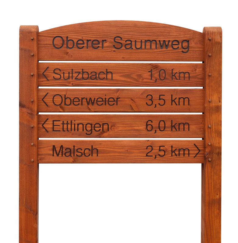 Robustes und witterungsfestes Holzschildersystem aus Douglasienholz für einen Wanderweg. Robustes und witterungsfestes Holzschildersystem aus Douglasienholz für einen Wanderweg.